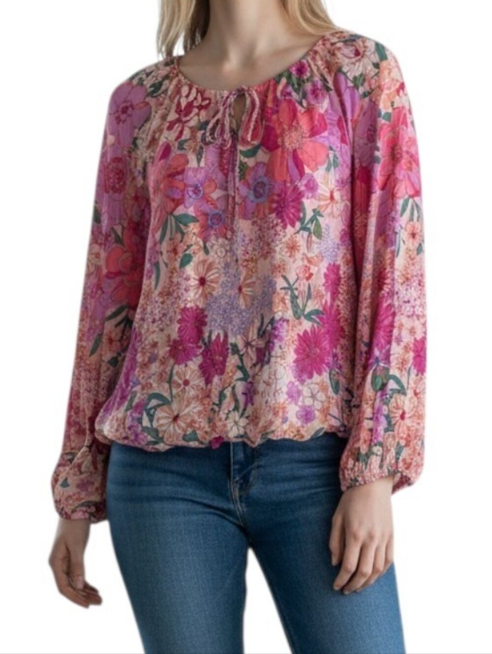 Easel Pink Floral Boho Peasant Blouse